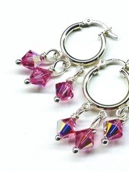 Sterling Silver Hoop Pink Crystal Dangle Earrings