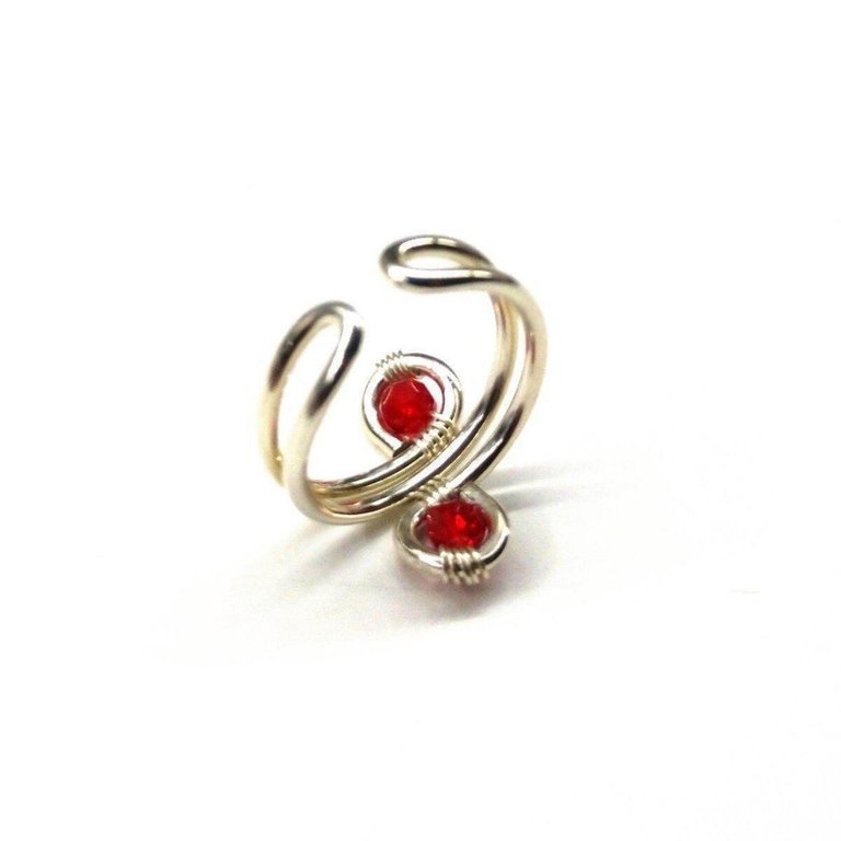 Sterling Silver Red Pink Crystal Adjustable Wire Wrap Finger Toe Ring