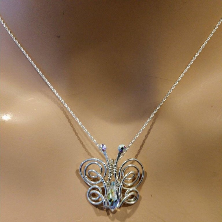 Sterling Silver Sculpted Wire Wrapped Crystal Butterfly Necklace - Sterling Silver