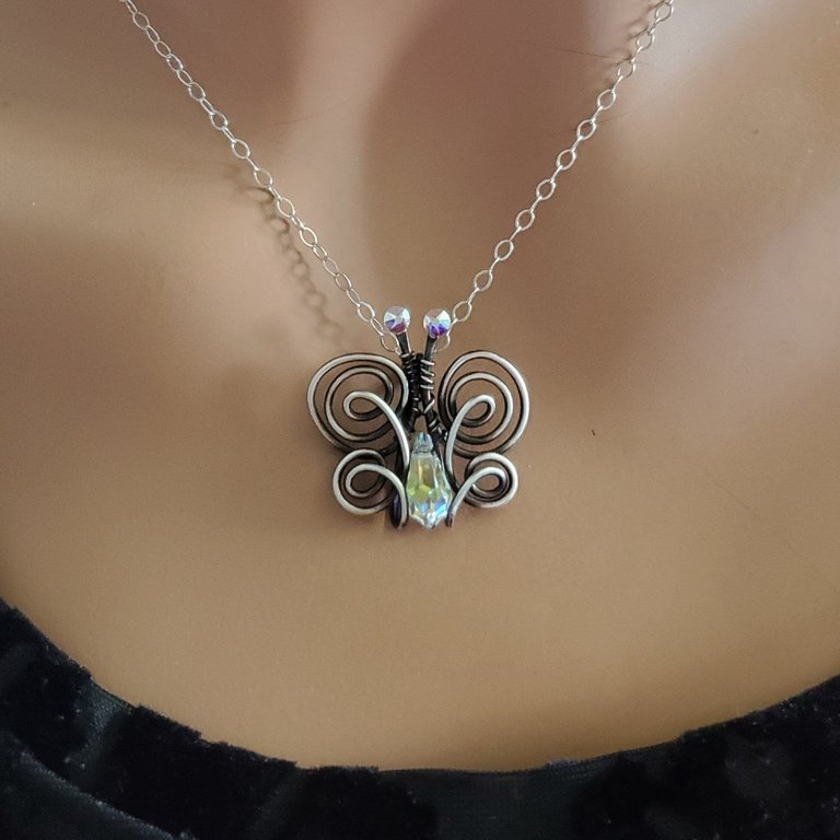 Sterling Silver Sculpted Wire Wrapped Crystal Butterfly Necklace
