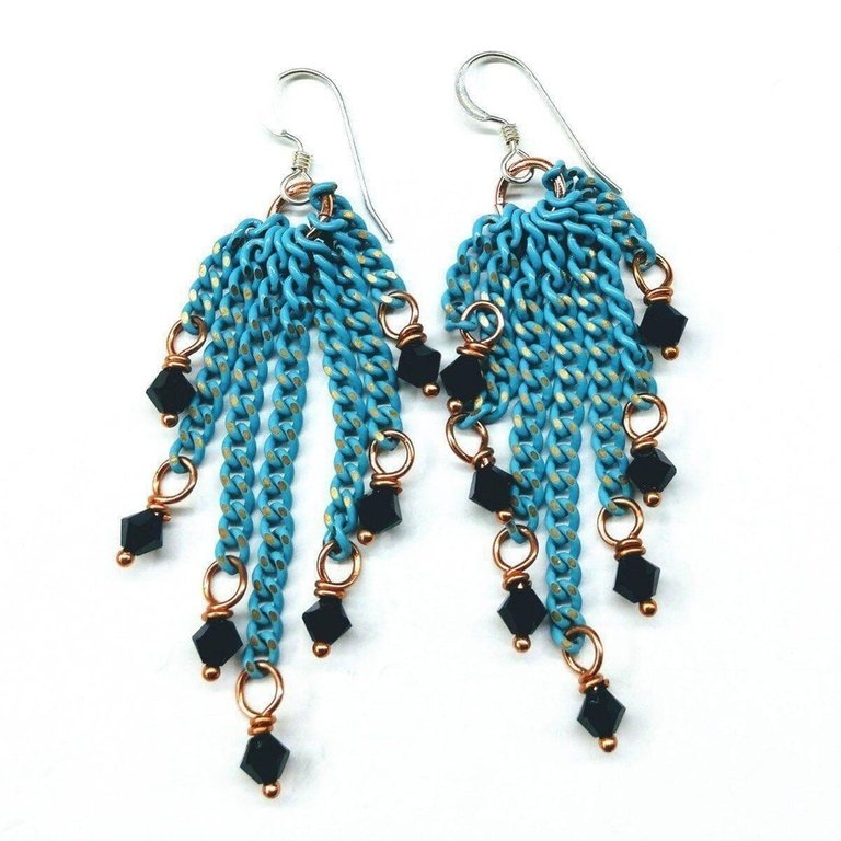 Turquoise Tassel Chain Black Crystal Earrings