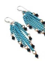 Turquoise Tassel Chain Black Crystal Earrings