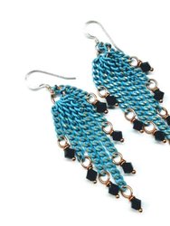 Turquoise Tassel Chain Black Crystal Earrings - Turquoise