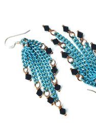 Turquoise Tassel Chain Black Crystal Earrings