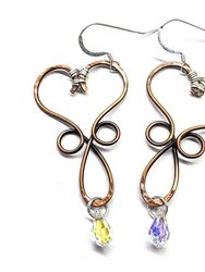 Wire Wrapped Copper Heart Crystal Teardrop  Earrings