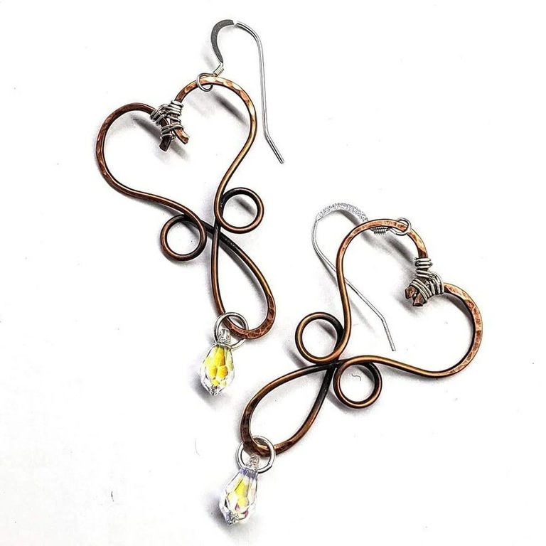 Wire Wrapped Copper Heart Crystal Teardrop  Earrings - Copper