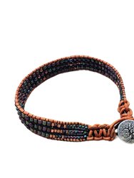 X-Large Men's Leather Intricate Bead Work Tree Of Life Button Bracelet