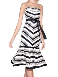 Ribbon Tie Belt Strapless Drop Waist Midi Dress - Black And White