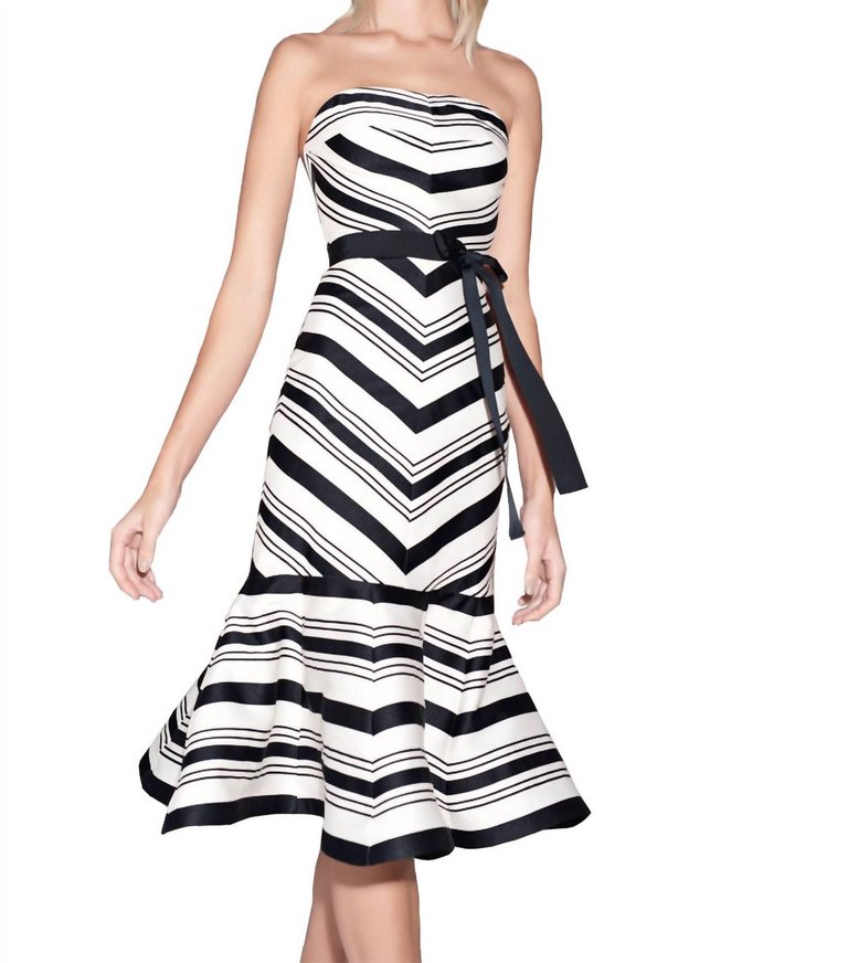 Ribbon Tie Belt Strapless Drop Waist Midi Dress - Black And White