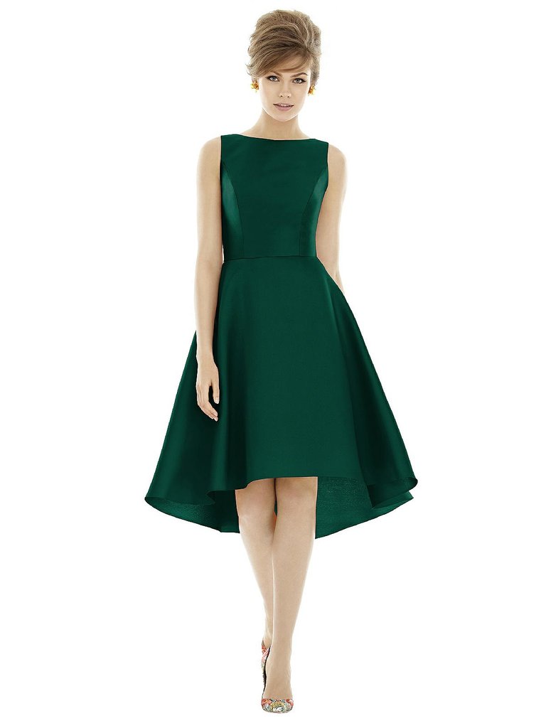 Bateau Neck Satin High Low Cocktail Dress - D697 - Hunter Green