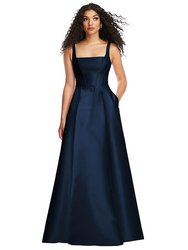 Boned Corset Closed-Back Satin Gown with Full Skirt and Pockets - D844 - Midnight Navy