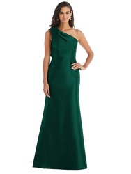 Bow One-Shoulder Satin Trumpet Gown - D794 - Hunter Green