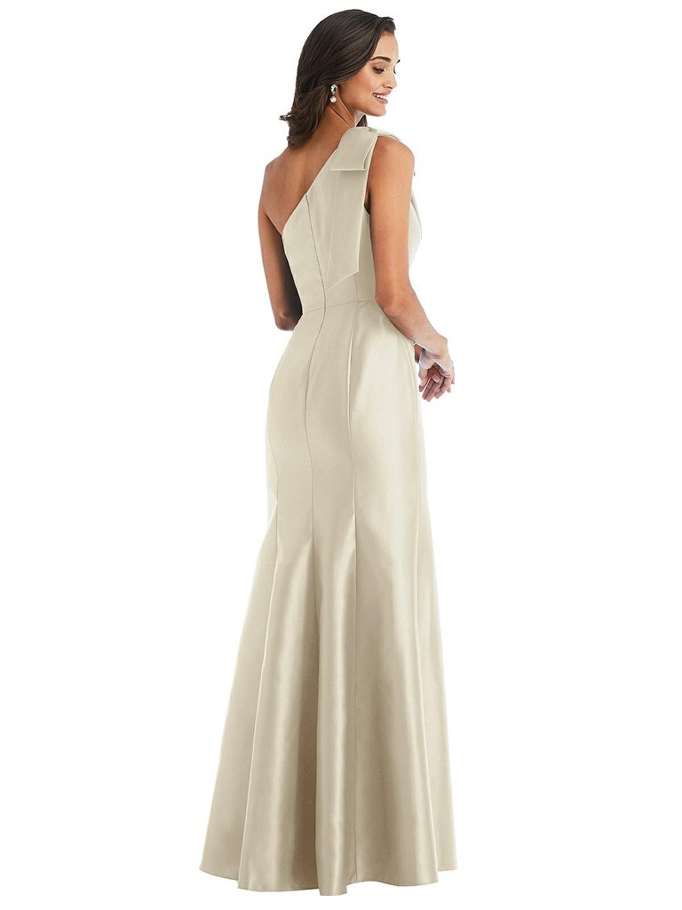 Bow One-Shoulder Satin Trumpet Gown - D794