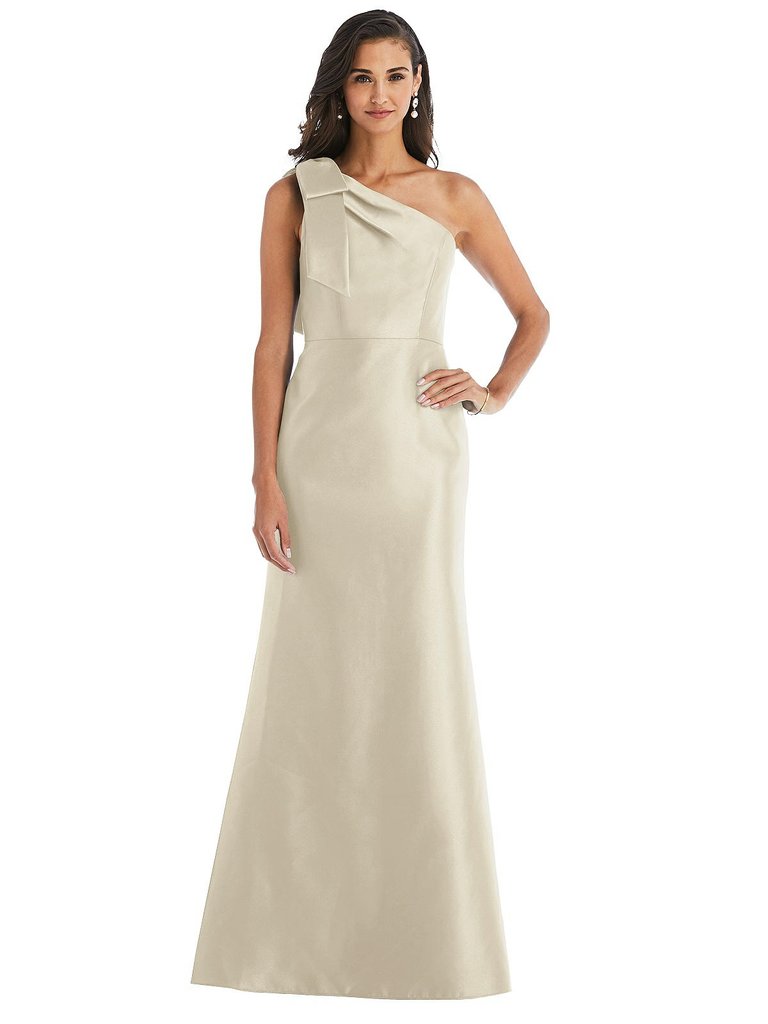 Bow One-Shoulder Satin Trumpet Gown - D794 - Champagne