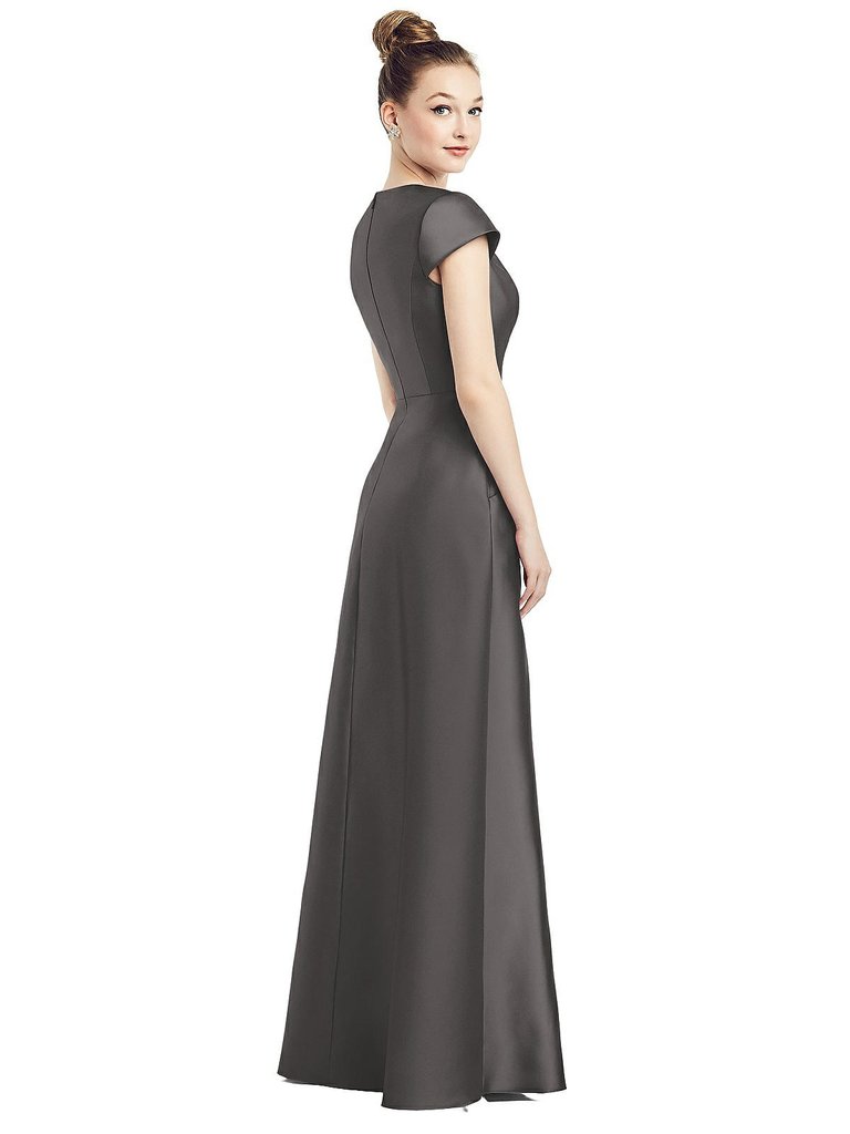 Cap Sleeve V-Neck Satin Gown With Pockets - D779