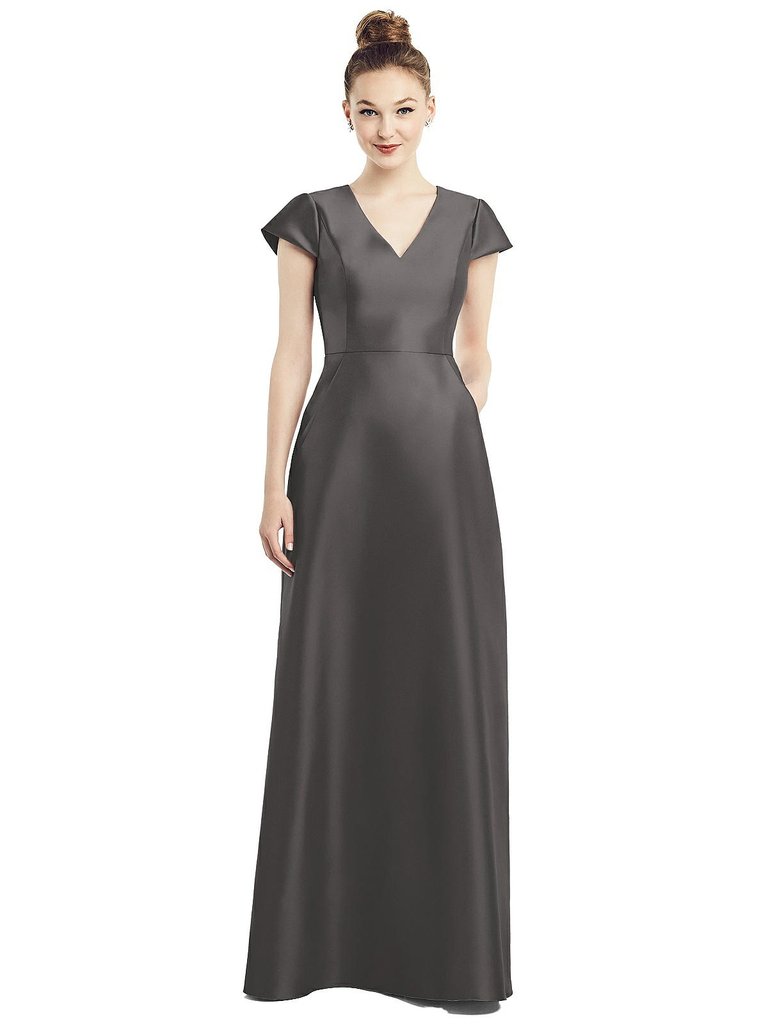 Cap Sleeve V-Neck Satin Gown With Pockets - D779 - Caviar Gray