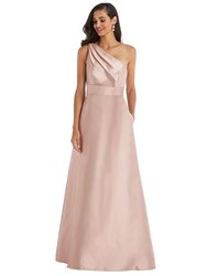 Draped One-Shoulder Satin Maxi Dress With Pockets - D815 - Toasted Sugar