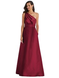 Draped One-Shoulder Satin Maxi Dress With Pockets - D815 - Burgundy