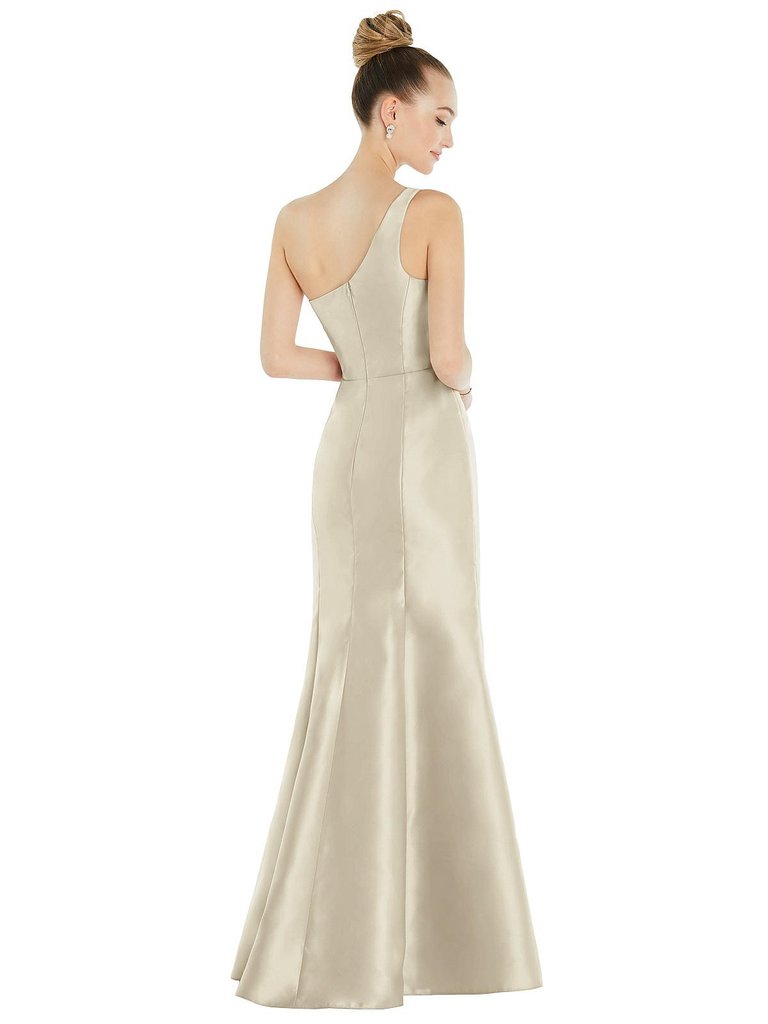 Draped One-Shoulder Satin Trumpet Gown With Front Slit - D827