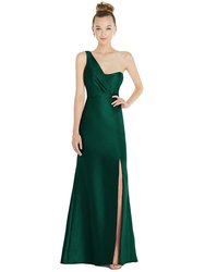 Draped One-Shoulder Satin Trumpet Gown With Front Slit - D827 - Hunter Green