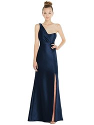 Draped One-Shoulder Satin Trumpet Gown With Front Slit - D827 - Midnight Navy