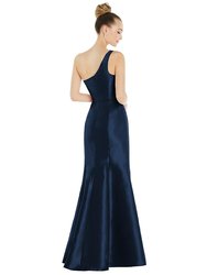 Draped One-Shoulder Satin Trumpet Gown With Front Slit - D827