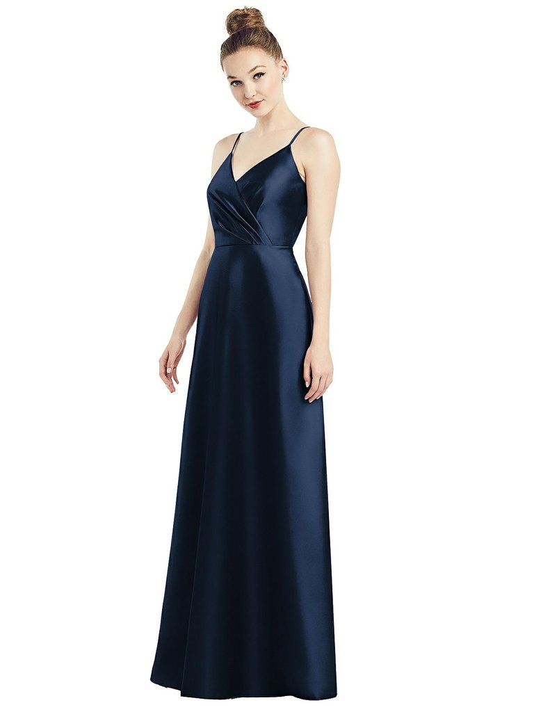 Draped Wrap Satin Maxi Dress With Pockets - D776 - Midnight Navy