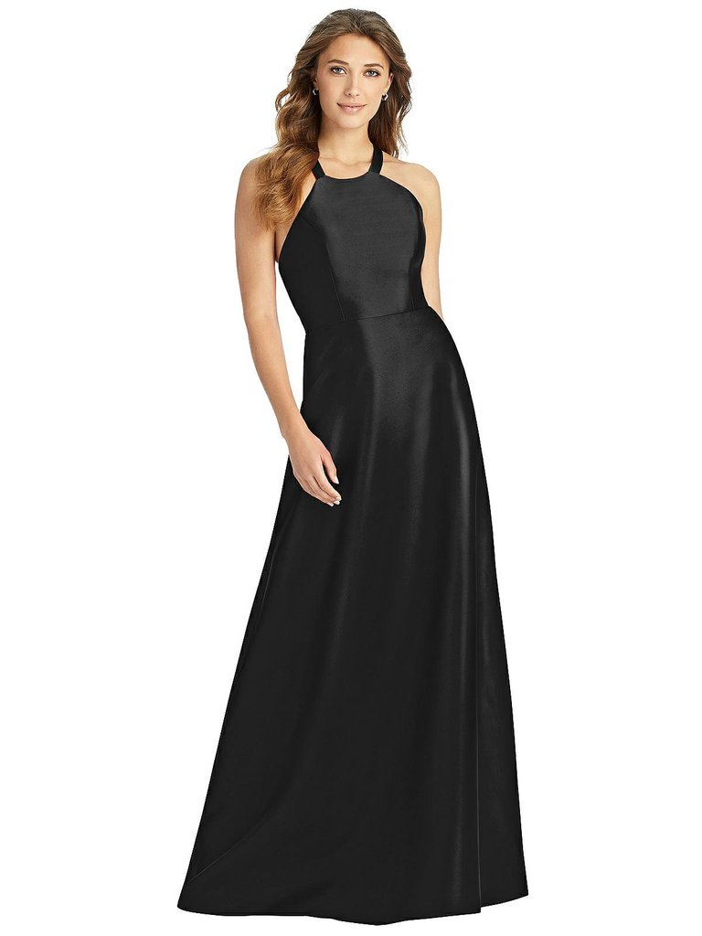 Halter Lace-Up A-Line Maxi Dress - D763 - Black