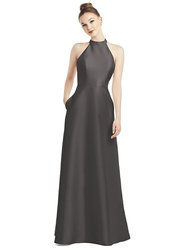 High-Neck Cutout Satin Dress With Pockets - D772 - Caviar Gray