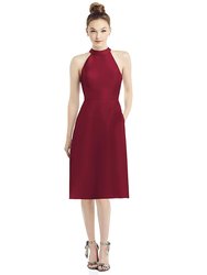 High-Neck Open-Back Satin Cocktail Dress - D773 - Burgundy