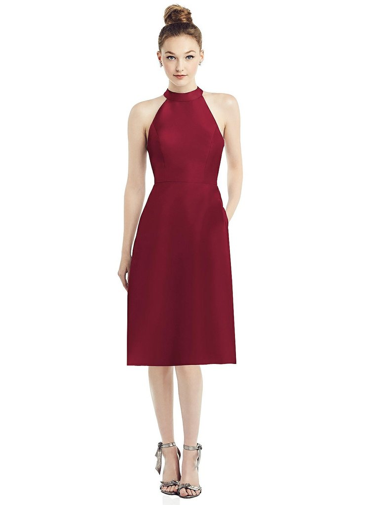 High-Neck Open-Back Satin Cocktail Dress - D773 - Burgundy