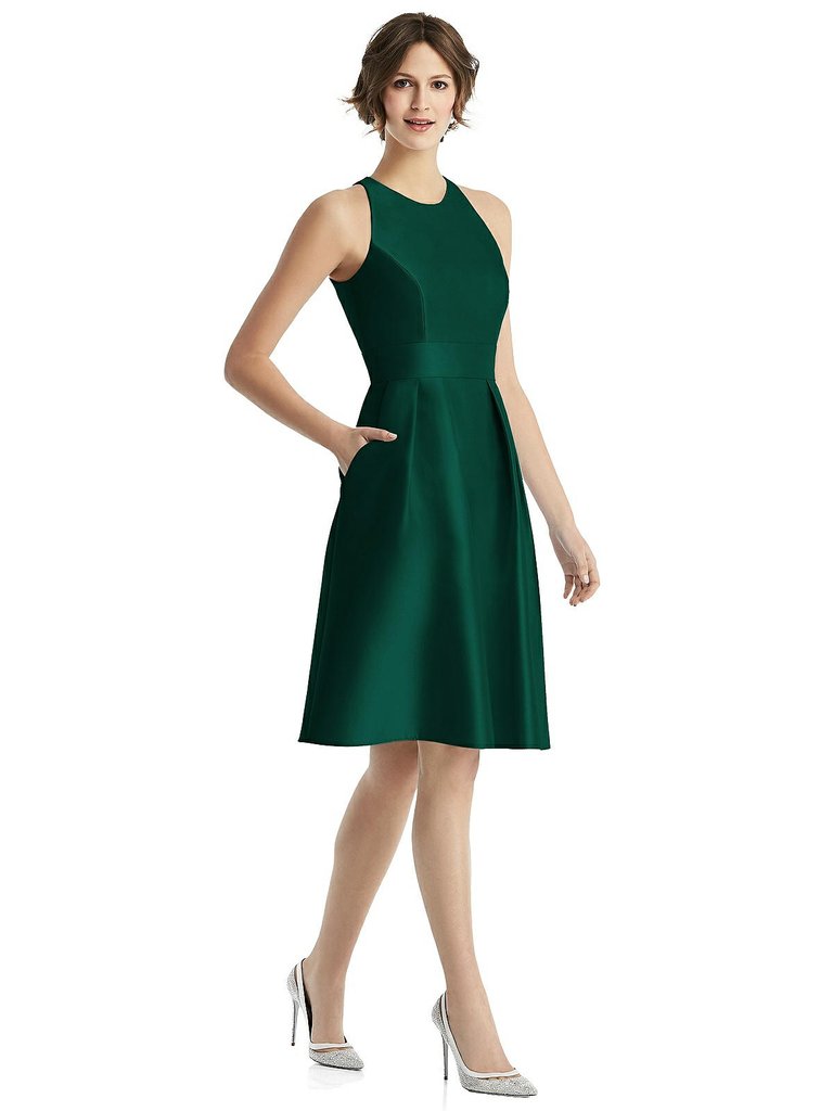 High-Neck Satin Cocktail Dress With Pockets - D769   - Hunter Green