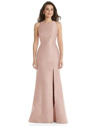 Jewel Neck Bowed Open-Back Trumpet Dress With Front Slit - D824  - Toasted Sugar