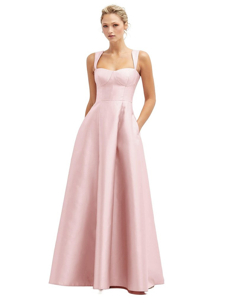 Lace-Up Back Bustier Satin Dress With Full Skirt And Pockets - D852 - Ballet Pink