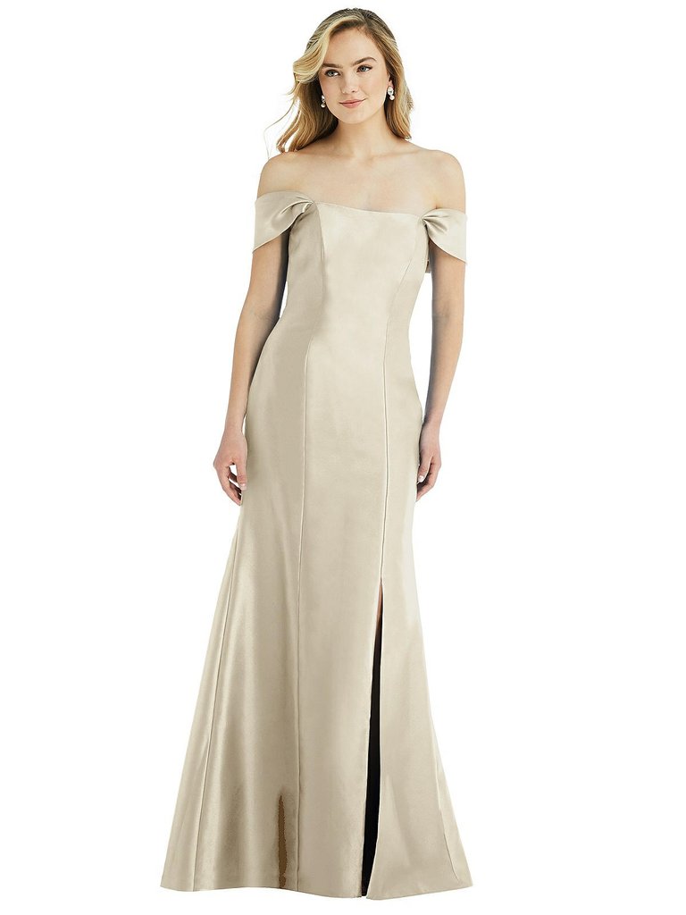 Off-the-Shoulder Bow-Back Satin Trumpet Gown - D793 - Champagne