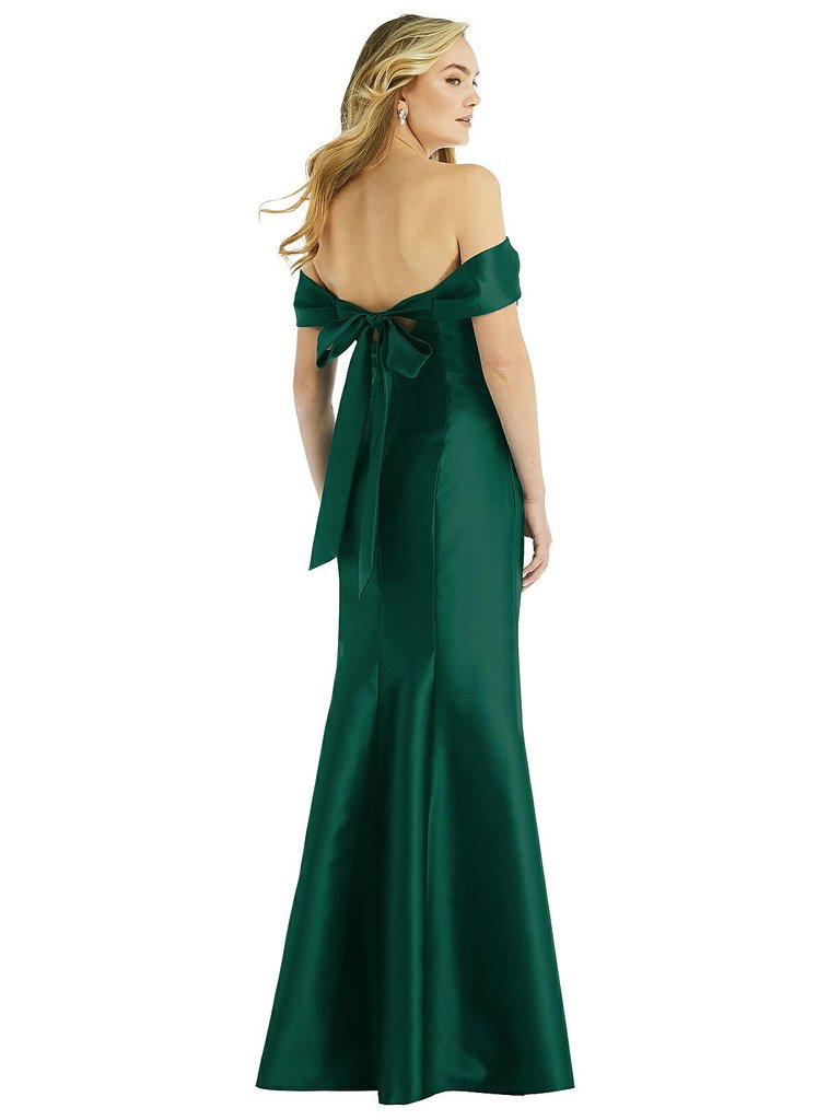 Off-the-Shoulder Bow-Back Satin Trumpet Gown - D793