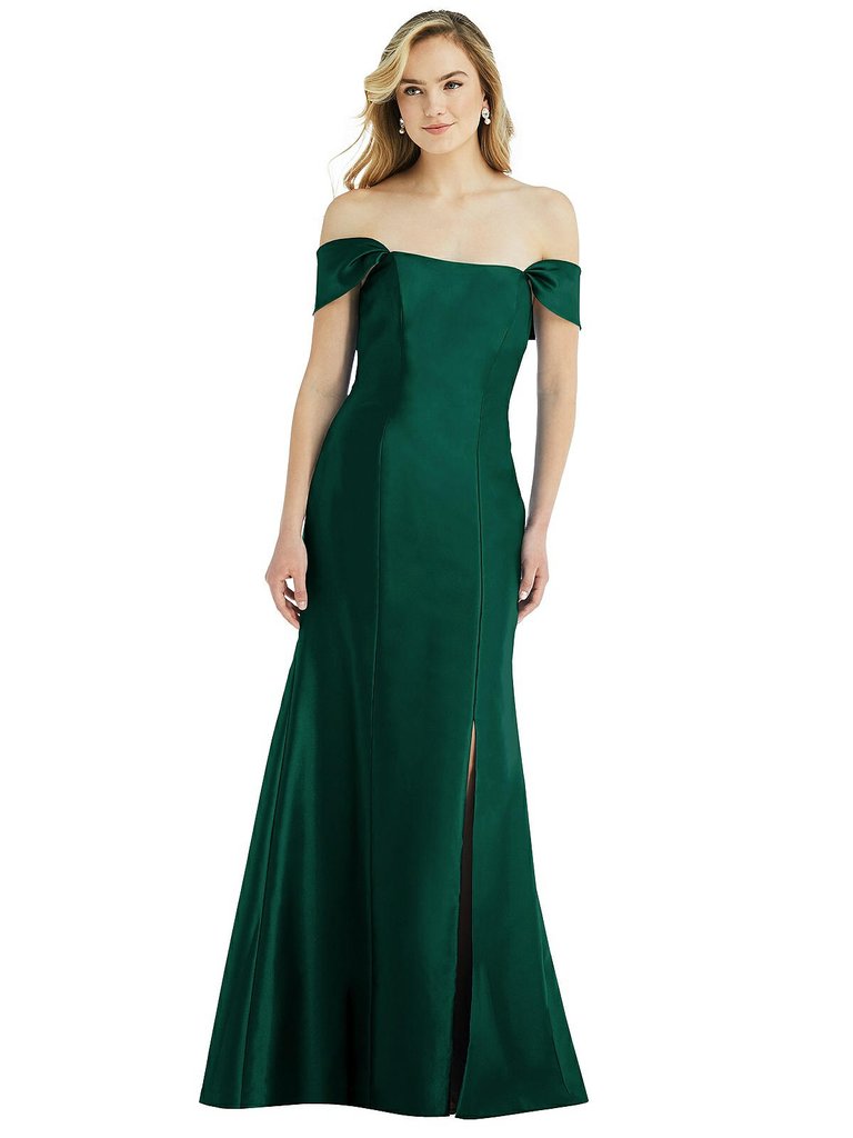 Off-the-Shoulder Bow-Back Satin Trumpet Gown - D793 - Hunter Green