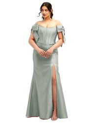 Off-The-Shoulder Bow Satin Corset Dress With Fit And Flare Skirt - D854 - Willow Green