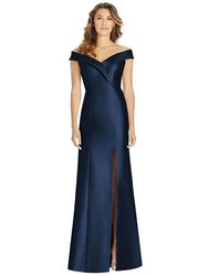 Off-the-Shoulder Cuff Trumpet Gown With Front Slit - D760 - Midnight Navy