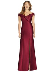 Off-the-Shoulder Cuff Trumpet Gown With Front Slit - D760 - Burgundy