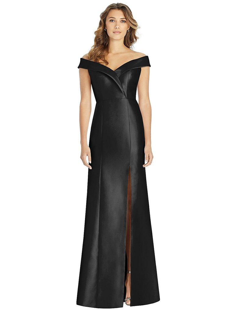 Off-the-Shoulder Cuff Trumpet Gown With Front Slit - D760 - Black
