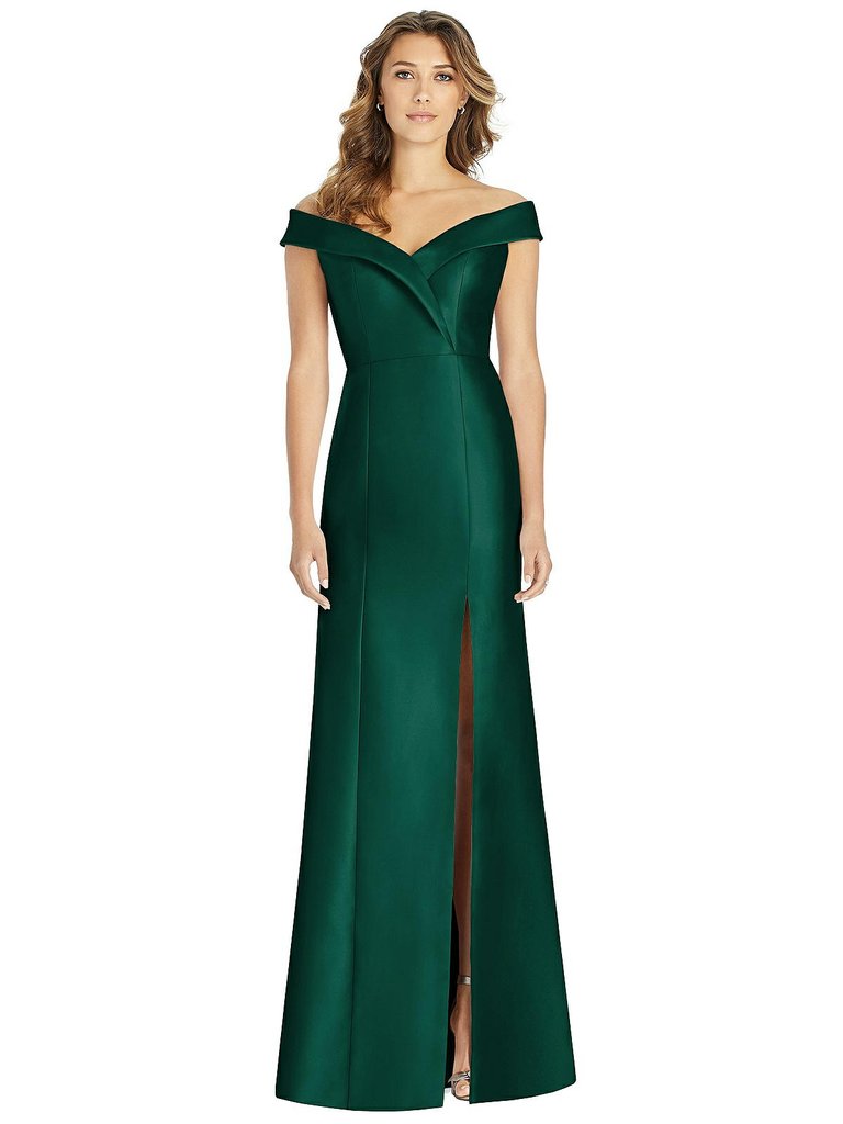 Off-the-Shoulder Cuff Trumpet Gown With Front Slit - D760 - Hunter Green