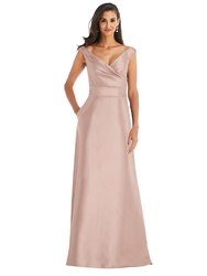 Off-the-Shoulder Draped Wrap Satin Maxi Dress - D811  - Toasted Sugar