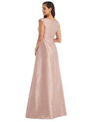 Off-the-Shoulder Draped Wrap Satin Maxi Dress - D811 