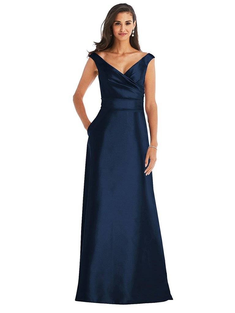 Off-the-Shoulder Draped Wrap Satin Maxi Dress - D811  - Midnight Navy