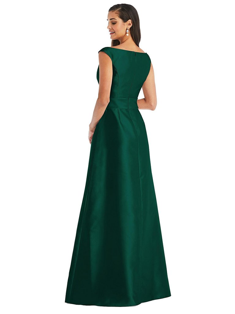 Off-the-Shoulder Draped Wrap Satin Maxi Dress - D811 