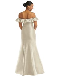 Off-The-Shoulder Ruffle Neck Satin Trumpet Gown - D836