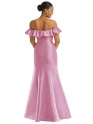 Off-The-Shoulder Ruffle Neck Satin Trumpet Gown - D836