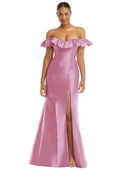 Off-The-Shoulder Ruffle Neck Satin Trumpet Gown - D836 - Powder Pink