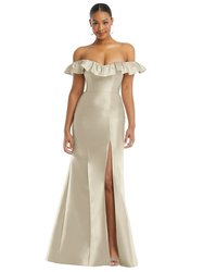 Off-The-Shoulder Ruffle Neck Satin Trumpet Gown - D836 - Champagne